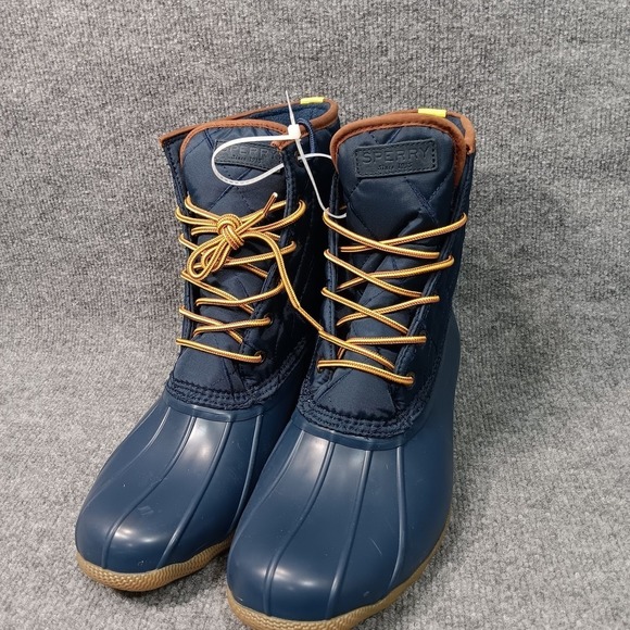 Sperry Snow Boots Leather Navy Blue Yellow Waterproof Preppy Lace Up Accent